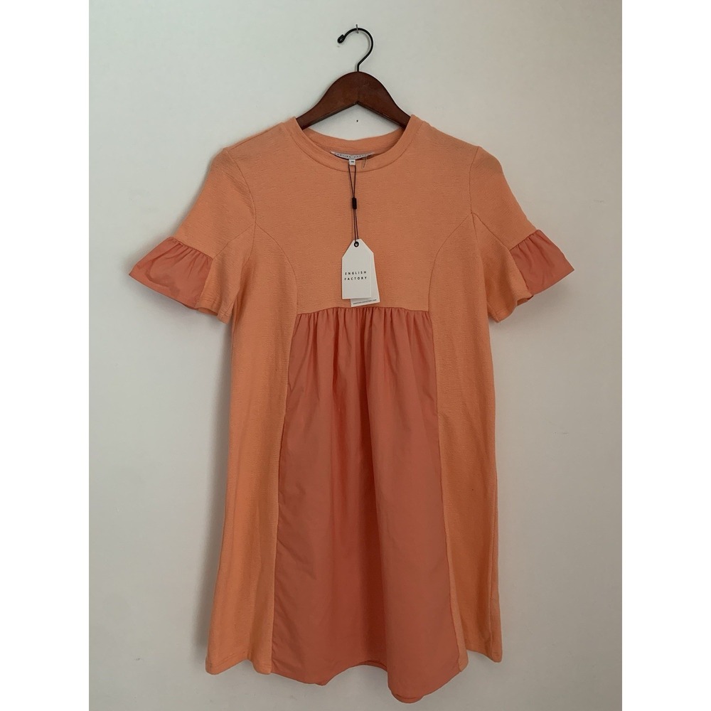 English Factory Mix Media Mini Dress Sz XS Coral Ruffle Sleeve Pockets Baby Doll